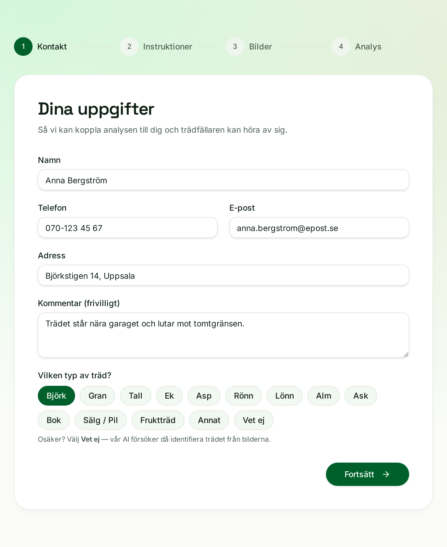 Kunden fyller i sitt ärende och väljer trädslag