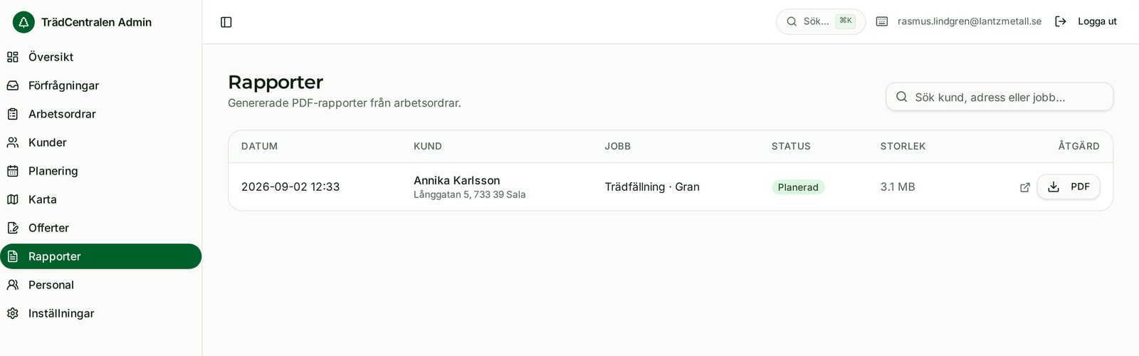 Rapportvyn med genererade PDF-rapporter från arbetsordrar