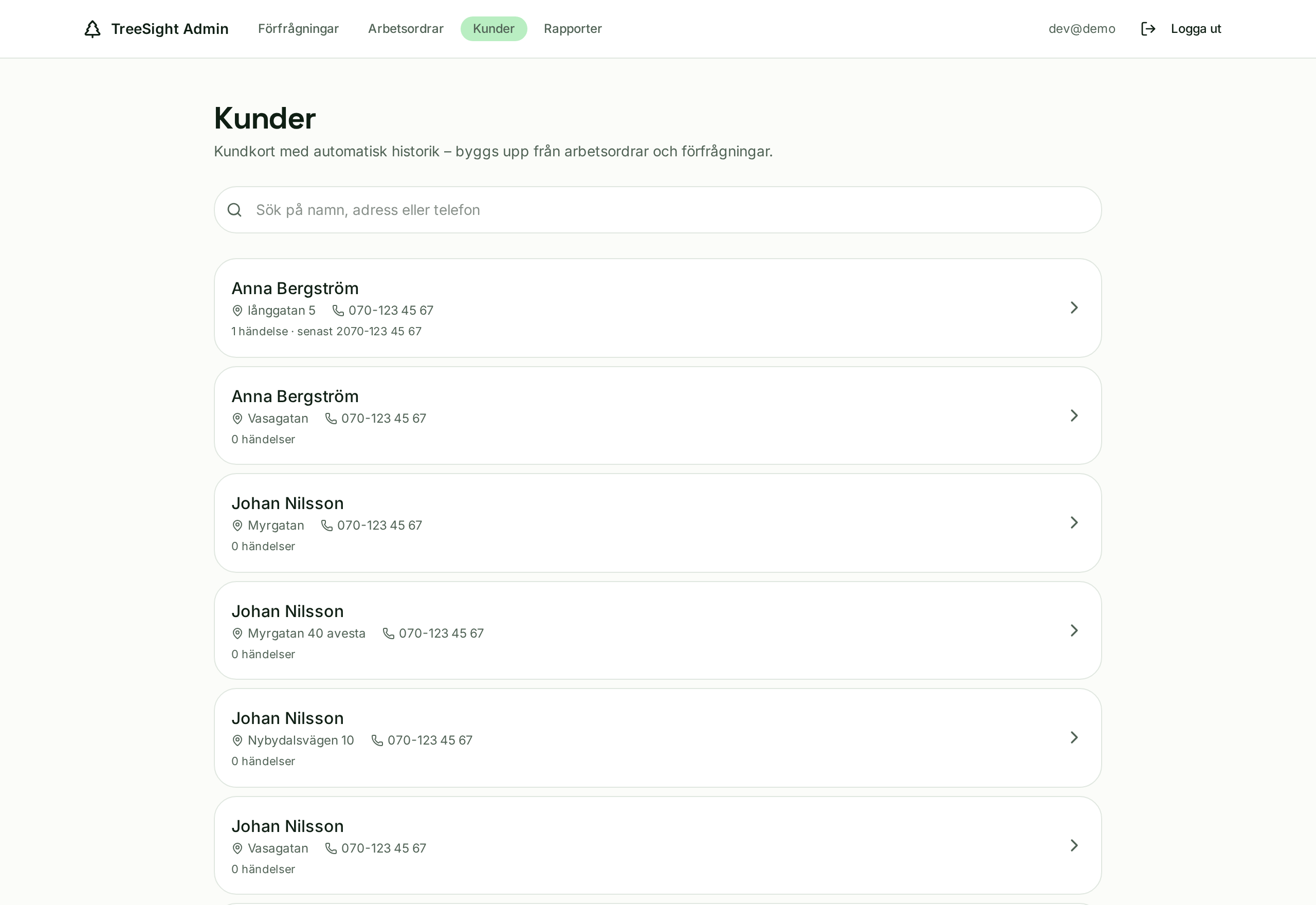 Kundlistan med sökfält och kundkort